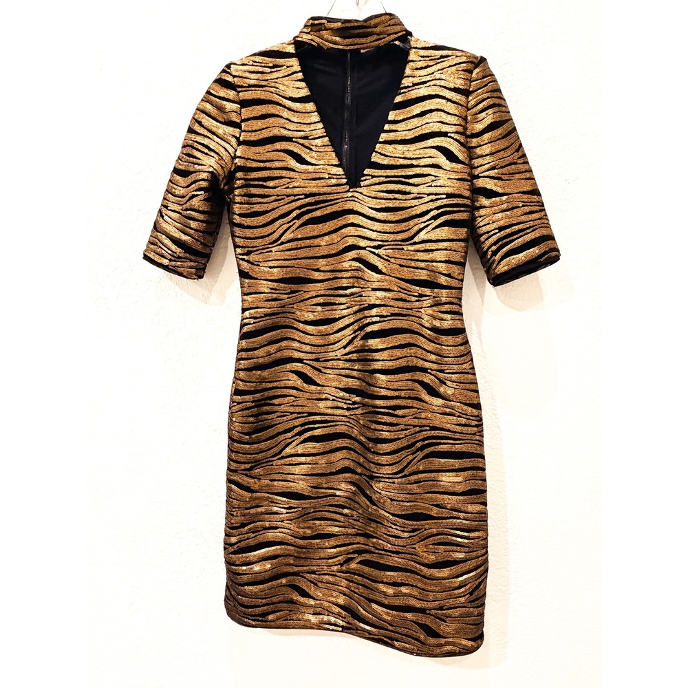 Alice + Olivia Inka Sequin Zebra Mini Dress Black Gold Sz 2 Party Dress Cocktail